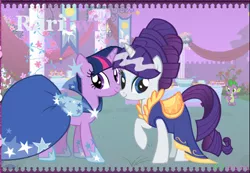 Size: 543x376 | Tagged: artist:delousionist, clothes, derpibooru import, dress, female, gala dress, lesbian, lesbian in front of boys, male, rarilight, rarity, safe, shipping, spike, twilight sparkle