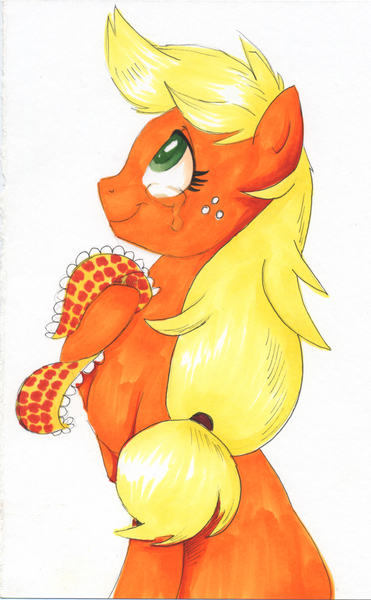 Size: 1676x2713 | Tagged: safe, artist:frozensoulpony, derpibooru import, applejack, crying, implied granny smith, shawl, solo, teary eyes, traditional art