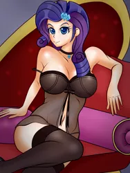Size: 1800x2400 | Tagged: artist:eliozdherion, babydoll, belly button, breasts, busty rarity, clothes, couch, derpibooru import, female, human, humanized, jewelry, lingerie, necklace, negligee, rarity, socks, solo, solo female, stockings, suggestive, thigh highs