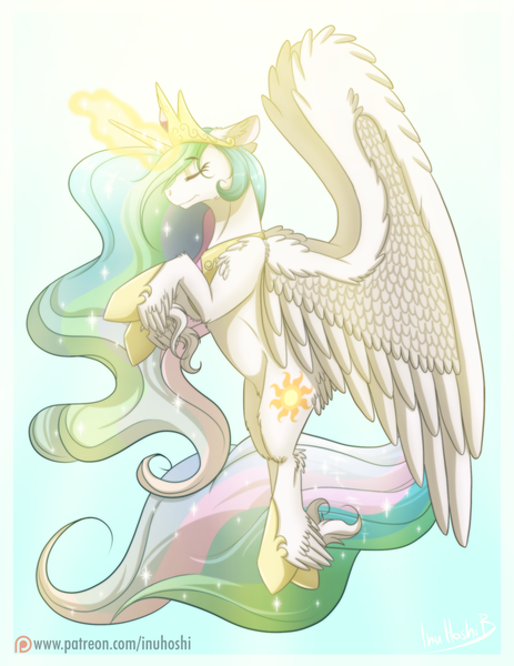 Size: 900x1166 | Tagged: safe, artist:inuhoshi-to-darkpen, derpibooru import, princess celestia, eyes closed, fluffy, horseshoes, magic, patreon, patreon logo, rearing, solo, unshorn fetlocks, wing fluff