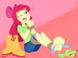 Size: 1024x768 | Tagged: dead source, safe, anonymous artist, artist:chaoskomori, derpibooru import, apple bloom, equestria girls, adorabloom, barefoot, bloomsub, blushing, bondage, boots, clothes, colored, cute, feather, feet, female, femsub, fetish, foot fetish, foot focus, image, open mouth, png, socks, solo, submissive, tickle torture, tickling, tied up