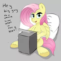 Size: 1500x1500 | Tagged: suggestive, artist:chapaevv, derpibooru import, fluttershy, pegasus, pony, box, dick in a box, gray background, implied futa, implied futashy, pillow, simple background, solo