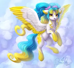Size: 1300x1200 | Tagged: safe, artist:andyfirelife, derpibooru import, oc, oc:faira star, unofficial characters only, pegasus, pony, cloud, colored ears, colored hooves, colored wings, colored wingtips, female, floppy ears, flying, jewelry, looking at you, mare, necklace, pendant, pigtails, signature, solo, spread wings, twintails, wings