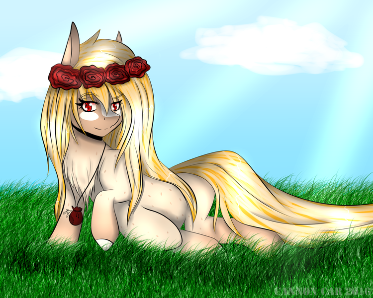 Size: 1792x1434 | Tagged: artist:cannoncar, chest fluff, derpibooru import, floral head wreath, jewelry, necklace, oc, oc:sunny day, safe, sitting, solo, unofficial characters only