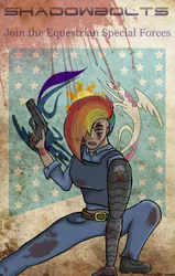 Size: 1102x1733 | Tagged: alternate timeline, amputee, apocalypse dash, artist:vldmr07, crystal war timeline, derpibooru import, fallout equestria, gun, handgun, human, humanized, pistol, prosthetic limb, prosthetics, rainbow dash, recruitment poster, safe, shadowbolts, superhero landing