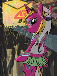 Size: 3072x4096 | Tagged: safe, artist:littlenaughtypony, derpibooru import, vinyl scratch, oc, oc:starsweep sweetsky, pony, bedroom eyes, bracelet, clothes, crowd, cute, dancing, female, festival, floral head wreath, flower, flower in hair, glow rings, jewelry, lights, looking at you, looking back, mare, midriff, miniskirt, music, rave, skirt, smiling, solo focus, tanktop