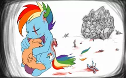 Size: 1600x1000 | Tagged: grimdark, artist:transparent-submarin, derpibooru import, rainbow dash, scootaloo, pegasus, pony, alternate timeline, amputation, apocalypse dash, blood, crying, crystal war timeline, female, filly, hug, injured, mare, sad