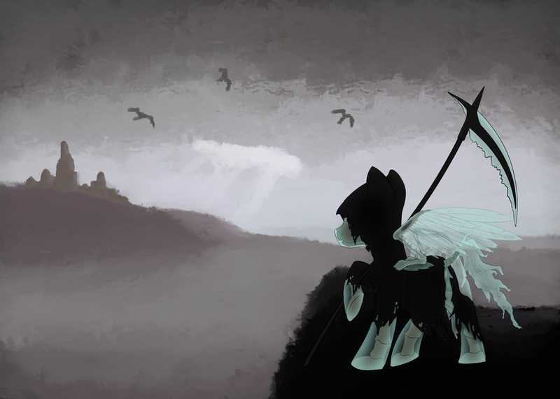 Size: 1024x731 | Tagged: artist:rautaketju13, derpibooru import, grim reaper, safe, scenery, scythe