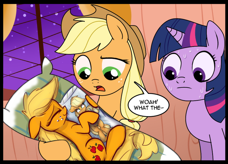 Size: 807x580 | Tagged: safe, artist:heir-of-rick, artist:madmax, derpibooru import, edit, applejack, twilight sparkle, twilight sparkle (alicorn), alicorn, pony, body pillow, cute, dialogue, golden oaks library, implied shipping, inception, silly, silly pony, snuggling, sweat, we need to go deeper, who's a silly pony