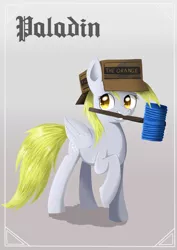 Size: 848x1200 | Tagged: safe, artist:ailynd, derpibooru import, derpy hooves, pegasus, pony, blackletter, cardboard box, fantasy class, female, hammer, knight, mare, mouth hold, paladin, shadow, smiling, solo, toy, warrior