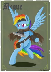 Size: 848x1200 | Tagged: safe, artist:ailynd, derpibooru import, rainbow dash, pony, bipedal, blackletter, bracer, cape, clothes, dagger, dual wield, headband, pouch, rogue, shadow, smiling, solo, spread wings, tattered, weapon