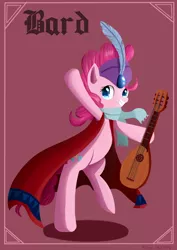 Size: 848x1200 | Tagged: safe, artist:ailynd, derpibooru import, pinkie pie, pony, bard, bard pie, bipedal, blackletter, cape, clothes, fantasy class, feather, grin, lute, scarf, shadow, smiling, solo