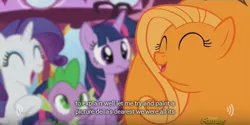 Size: 640x319 | Tagged: safe, artist:mlp-captions, derpibooru import, screencap, fluttershy, rarity, spike, twilight sparkle, twilight sparkle (alicorn), alicorn, pony, what about discord?, discovery family logo, double chin, flutterrange, food, inanimate tf, meme, orange, orangified, transformation, youtube caption