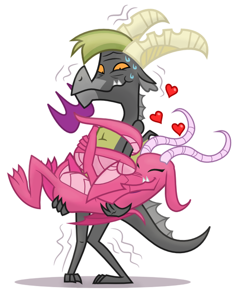 Size: 680x826 | Tagged: artist:changeling #209458, baff, bafflista, ballista, bridal carry, carrying, cute, derpibooru import, diaballista, dragon, female, heart, hug, male, safe, shipping, straight, teenaged dragon