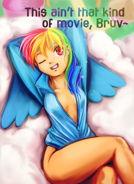Size: 2125x2917 | Tagged: arm behind head, artist:melisaongmiqin, bottomless, breasts, clothes, cloud, derpibooru import, female, grin, human, humanized, jacket, kingsman: the secret service, looking at you, on back, rainbow dash, smiling, solo, solo female, suggestive, winged humanization, wink