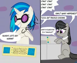 Size: 1280x1047 | Tagged: artist:nuka-kitty, cracking knuckles, derpibooru import, dialogue, funny, octavia melody, reality ensues, safe, vinyl scratch