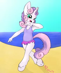 Size: 2467x2933 | Tagged: anthro, armpits, artist:mdgusty, clothes, derpibooru import, frilled swimsuit, one-piece swimsuit, open mouth, safe, solo, sweetie belle, swimsuit, unguligrade anthro, young