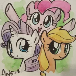 Size: 1080x1080 | Tagged: safe, artist:agnesgarbowska, derpibooru import, applejack, pinkie pie, rarity, looking at you, traditional art, trio, watercolor painting