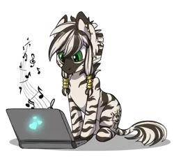Size: 900x846 | Tagged: artist:arctic-fox, computer, derpibooru import, laptop computer, oc, oc:patrick poe, safe, simple background, solo, transparent background, unofficial characters only, zebra