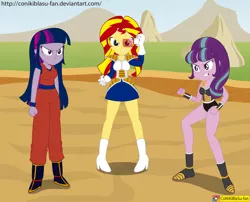 Size: 3632x2938 | Tagged: safe, artist:conikiblasu-fan, derpibooru import, starlight glimmer, sunset shimmer, equestria girls, crossover, dragon ball z, equestria girls-ified, goku, nappa, over 9000, vegeta