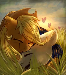 Size: 1024x1163 | Tagged: safe, artist:segraece, derpibooru import, applejack, oc, oc:constance everheart, canon x oc, cute, everjack, eyes closed, heart, hug, shipping, smiling, sunset