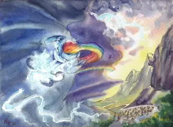 Size: 1280x942 | Tagged: artist:the-wizard-of-art, canterlot, derpibooru import, flying, lightning, rainbow dash, safe, scenery, solo, storm, thunderstorm, traditional art, watercolor painting