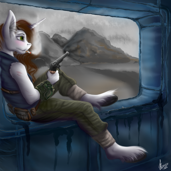 Size: 1920x1920 | Tagged: anthro, artist:stirren, cigarette, clothes, derpibooru import, fallout equestria, female, finished, gun, handgun, hondo flanks, hooves, mare, oc, pistol, revolver, safe, scenery, smoking, solo, unguligrade anthro, unofficial characters only, unshorn fetlocks, wasteland, weapon, ych result