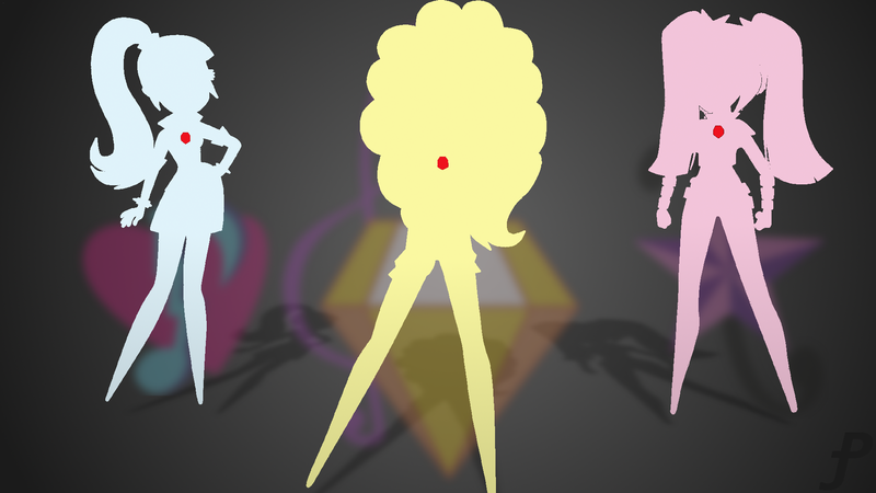 Size: 1920x1080 | Tagged: safe, artist:amber-rosin, artist:mixiepie, derpibooru import, adagio dazzle, aria blaze, sonata dusk, equestria girls, cutie mark, minimalist, shadow, silhouette, the dazzlings, vector, wallpaper