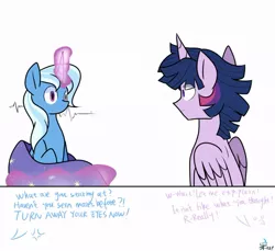 Size: 934x855 | Tagged: safe, artist:yaaaco, derpibooru import, trixie, twilight sparkle, twilight sparkle (alicorn), alicorn, pony, angry, dialogue, dusk shine, female, frown, half r63 shipping, levitation, magic, male, prince dusk, rule 63, shipping, sitting, story in the source, straight, telekinesis, trixshine, twixie, we don't normally wear clothes, wide eyes
