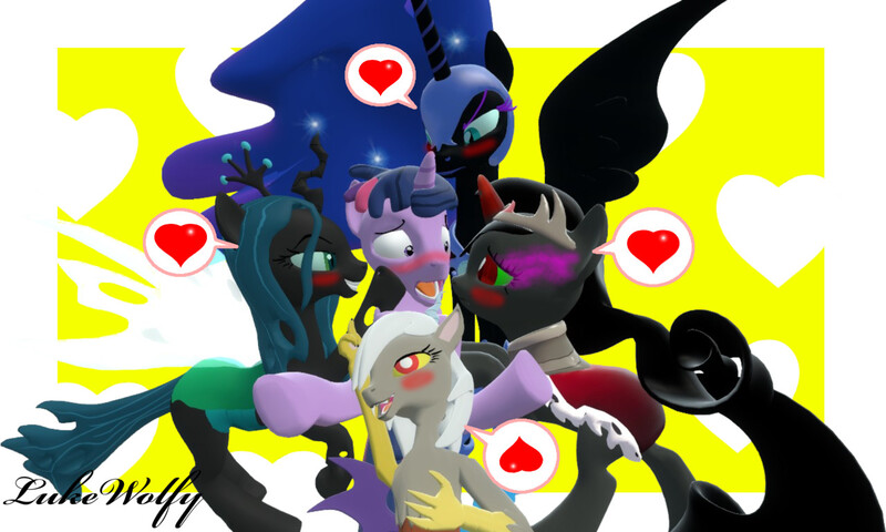 Size: 1280x768 | Tagged: 3d, artist:lukewolfy, changeling, changeling queen, chrysmoonlight, derpibooru import, discolight, discord, duskeris, duskmoon, dusksalis, dusk shine, dusk shine gets all the mares, dusk shine gets all the villainesses, eris, female, half r63 shipping, harem, harem of villainesses, king sombra, male, nightmare moon, queen chrysalis, queen umbra, rule 63, safe, shipping, source filmmaker, straight, twibra, twiharem, twilight's harem, twilight sparkle, twimoon, twisalis, umbrashine