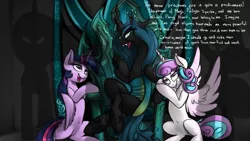 Size: 2667x1500 | Tagged: semi-grimdark, artist:xxmarkingxx, derpibooru import, princess cadance, princess celestia, princess flurry heart, princess luna, queen chrysalis, twilight sparkle, twilight sparkle (alicorn), alicorn, changeling, changeling queen, pony, bad end, female, implied sunset shimmer, mare, offscreen character, older, shadows, sitting, smiling, the bad guy wins, throne