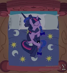 Size: 1024x1126 | Tagged: artist:90sigma, bed, bow, cuddling, derpibooru import, female, hair bow, hug, lesbian, princess luna, safe, shipping, show accurate, sleeping, snuggling, tail bow, twilight sparkle, twiluna