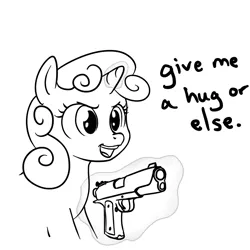 Size: 1000x1000 | Tagged: artist needed, cute, derpibooru import, dialogue, diasweetes, grayscale, grimcute, gun, handgun, levitation, m1911, magic, monochrome, open mouth, pistol, safe, simple background, smiling, sweetie belle, telekinesis, threat, ultimatum, weapon, white background