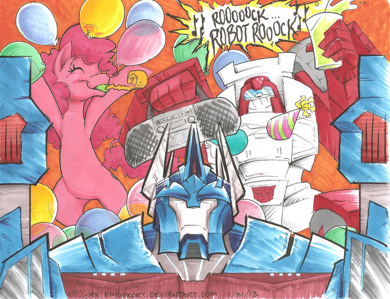 Size: 2176x1671 | Tagged: safe, artist:envyskort, derpibooru import, pinkie pie, balloon, crossover, daft punk, swerve, transformers, transformers prime, ultra magnus