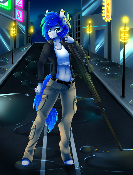 Size: 1600x2100 | Tagged: .50 cal, abs, anthro, artist:spazzykoneko, belly button, belt, cargo pants, derpibooru import, female, future, gauges, gun, hooves, joule, m82a3, night, oc, oc:sapphire sights, optical sight, pegasus, piercing, retrowave, rifle, safe, sniper, sniper rifle, solo, source needed, street, unguligrade anthro, unofficial characters only, water, weapon