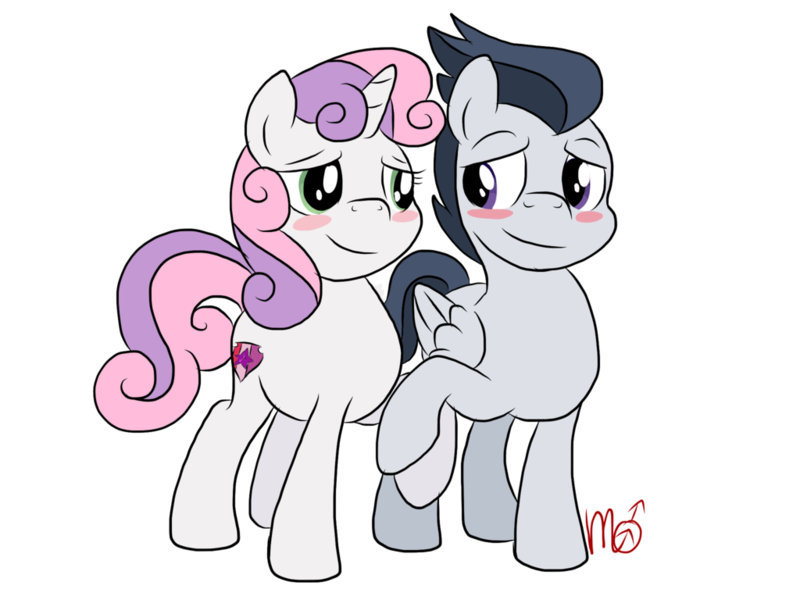 Size: 1024x768 | Tagged: artist:siekit442, blushing, cutie mark, derpibooru import, female, holding hooves, male, rumbelle, rumble, safe, shipping, simple background, straight, sweetie belle, the cmc's cutie marks, transparent background