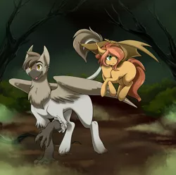 Size: 2047x2034 | Tagged: source needed, safe, artist:spazzykoneko, derpibooru import, oc, oc:amber lighting, oc:hazelnut, unofficial characters only, bat pony, gryphon, pony, beak, claws, fog, forest, mud, muddy, paws, size difference, talons, wings