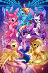 Size: 800x1200 | Tagged: safe, artist:tsaoshin, derpibooru import, applejack, fluttershy, pinkie pie, rainbow dash, rarity, twilight sparkle, twilight sparkle (alicorn), alicorn, pony, large wings, mane six, wings