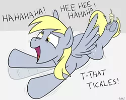 Size: 1440x1154 | Tagged: safe, artist:rapidstrike, derpibooru import, derpy hooves, pegasus, pony, dialogue, feather, female, hoof tickling, laughing, mare, prone, solo, spread wings, tickling, underhoof