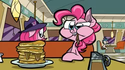 Size: 1890x1063 | Tagged: artist:joeywaggoner, clone, derpibooru import, diane, diner, food, glasses, lucky breaks, messy eating, pancakes, pinkie clone, pinkie pie, safe, scene interpretation, the clone that got away, the saddle row review