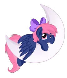 Size: 2286x2657 | Tagged: safe, artist:pridark, derpibooru import, oc, oc:ribbon moon, unofficial characters only, pegasus, pony, crescent moon, cute, female, hair bow, leaning, looking at you, mare, moon, pridark is trying to murder us, prone, simple background, smiling, solo, tangible heavenly object, transparent background