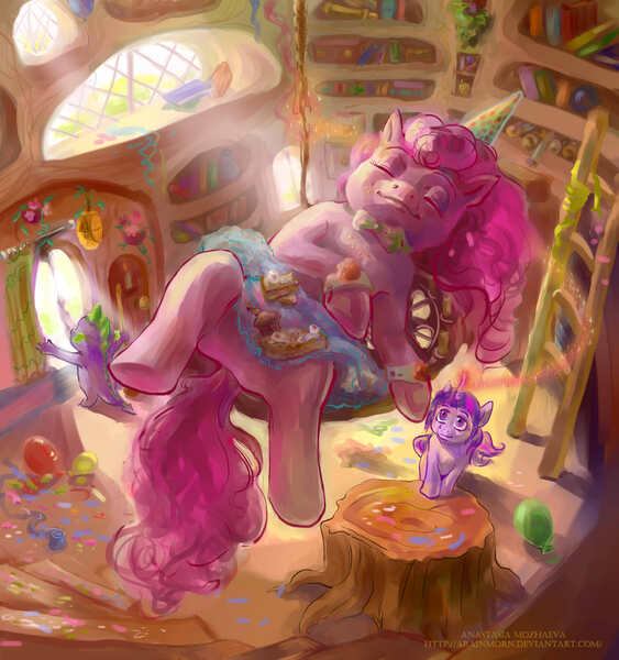 Size: 1500x1600 | Tagged: after party, anatomically incorrect, artist:arainmorn, balloon, bowtie, chandelier, confetti, derpibooru import, golden oaks library, hat, incorrect leg anatomy, ladder, library, magic, messy, party hat, pinkie pie, safe, sleeping, spike, streamers, string, twilight sparkle, vertigo