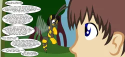 Size: 7135x3254 | Tagged: safe, artist:badumsquish, derpibooru import, oc, oc:dominiyka, oc:generic messy hair anime anon, unofficial characters only, human, original species, wasp, wasp pony, absurd resolution, badumsquish is trying to murder us, dialogue, eye contact, female, flying, happy, male, open mouth, size difference, stinger, vulgar