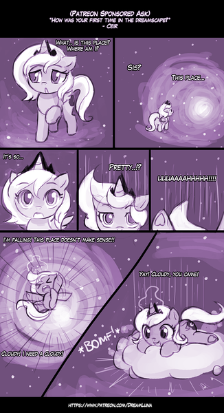 Size: 750x1381 | Tagged: artist:lumineko, cake, cloud, comic, cute, derpibooru import, dreamluna, eyes closed, eyes on the prize, falling, female, filly, floppy ears, food, lumineko is trying to murder us, lunabetes, magic, monochrome, :o, patreon, plot, princess luna, prone, safe, sitting, smiling, source needed, underhoof, weapons-grade cute, woona, younger