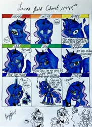 Size: 2266x3110 | Tagged: safe, artist:darkest-lunar-flower, derpibooru import, princess luna, angry, coffee mug, crying, devious, feels, glowing eyes, happy, laughing, neutral, present, shy, sleepy, traditional art, yawn