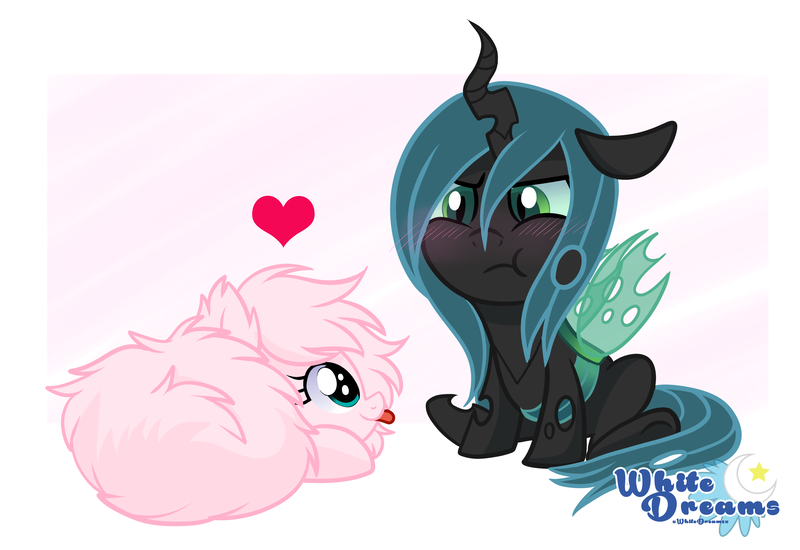 Size: 3500x2405 | Tagged: safe, artist:xwhitedreamsx, derpibooru import, queen chrysalis, oc, oc:fluffle puff, canon x oc, chibi, chrysipuff, cute, cutealis, female, flufflebetes, lesbian, shipping