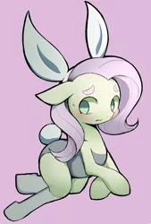 Size: 1271x1878 | Tagged: safe, artist:ccc, derpibooru import, fluttershy, pegasus, pony, blushing, bunny ears, bunny suit, bunnyshy, clothes, cute, female, floppy ears, leotard, mare, pink background, pixiv, shyabetes, simple background, solo