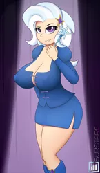 Size: 1198x2065 | Tagged: suggestive, artist:burstfire, derpibooru import, trixie, human, equestria girls, big breasts, breasts, busty trixie, cleavage, clothes, dress, erect nipples, female, humanized, lip bite, magic wand, nipple outline, saggy, solo, solo female, wand