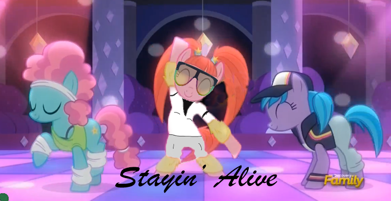 Size: 800x411 | Tagged: safe, derpibooru import, edit, azure velour, flashdancer, pacific glow, earth pony, pony, 1000 hours in ms paint, album cover, background pony, bee gees, disco, disco dance, female, mare, rave, song reference, stayin alive