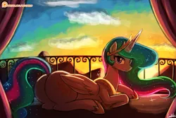 Size: 1125x750 | Tagged: suggestive, artist:lumineko, derpibooru import, princess celestia, alicorn, pony, balcony, female, horseshoes, large butt, looking at you, looking back, mare, morning, patreon, patreon logo, plot, praise the sun, prone, smiling, solo, stupid sexy celestia, sunbutt, sunrise